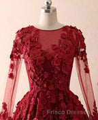 Burgundy Lace Satin Long Formal Prom Dress, Burgundy Lace Evening Dress