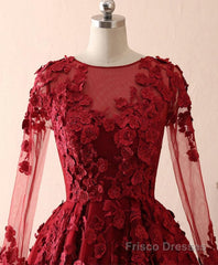 Burgundy Lace Satin Long Prom Dress, Burgundy Lace Evening Dress