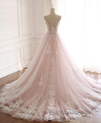 Pink Sweetheart Lace Tulle Long Formal Prom Dress, Lace Pink Evening Dress