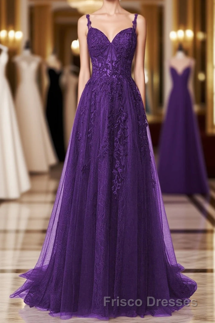 Purple A-Line Tulle Off Shoulder Long Formal Prom Dress With Lace, Purple Evening Dress Party Dress Main image