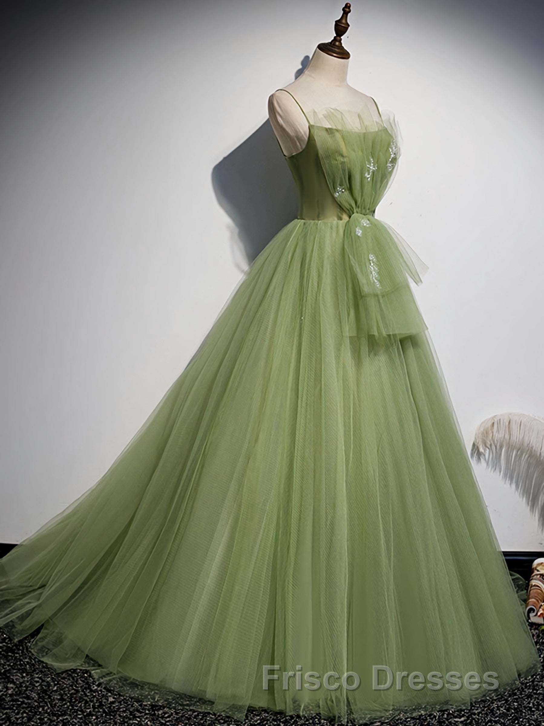 Green Tulle Long Formal Prom Dress, Green Tulle Formal Prom Dress