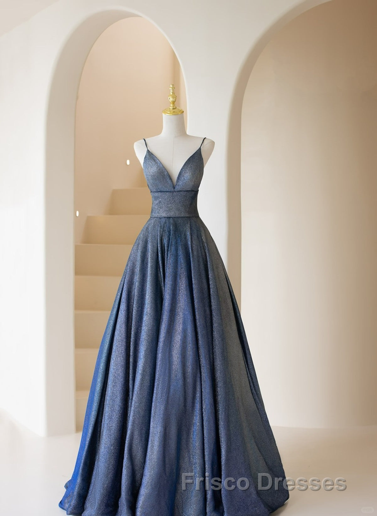 Blue V-Neckline Straps Low Back A-Line Formal Prom Dress, Blue Long Evening Dress Secondary image