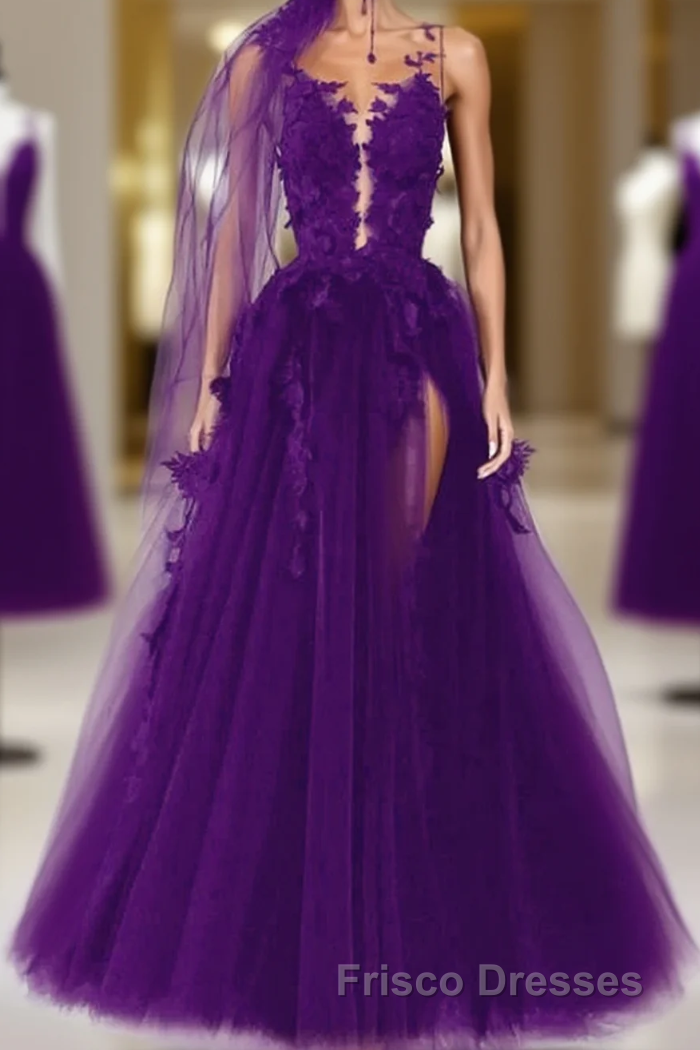 Purple Tulle With Lace Applique Long Party Dress, A-Line Tulle Formal Prom Dress Main image