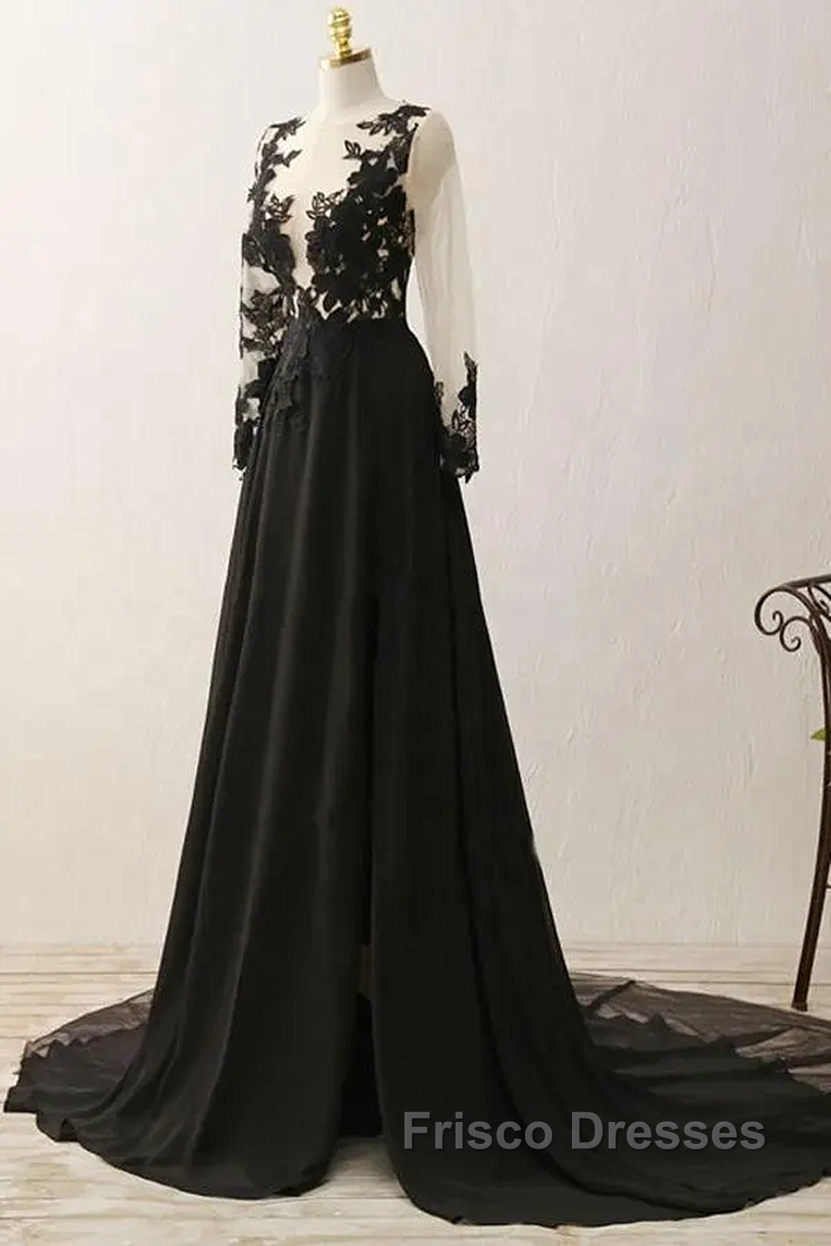 Black Long Sleeves Chiffon With Lace Evening Dress, Black A-Line Party Dress With Leg Slit Secondary image