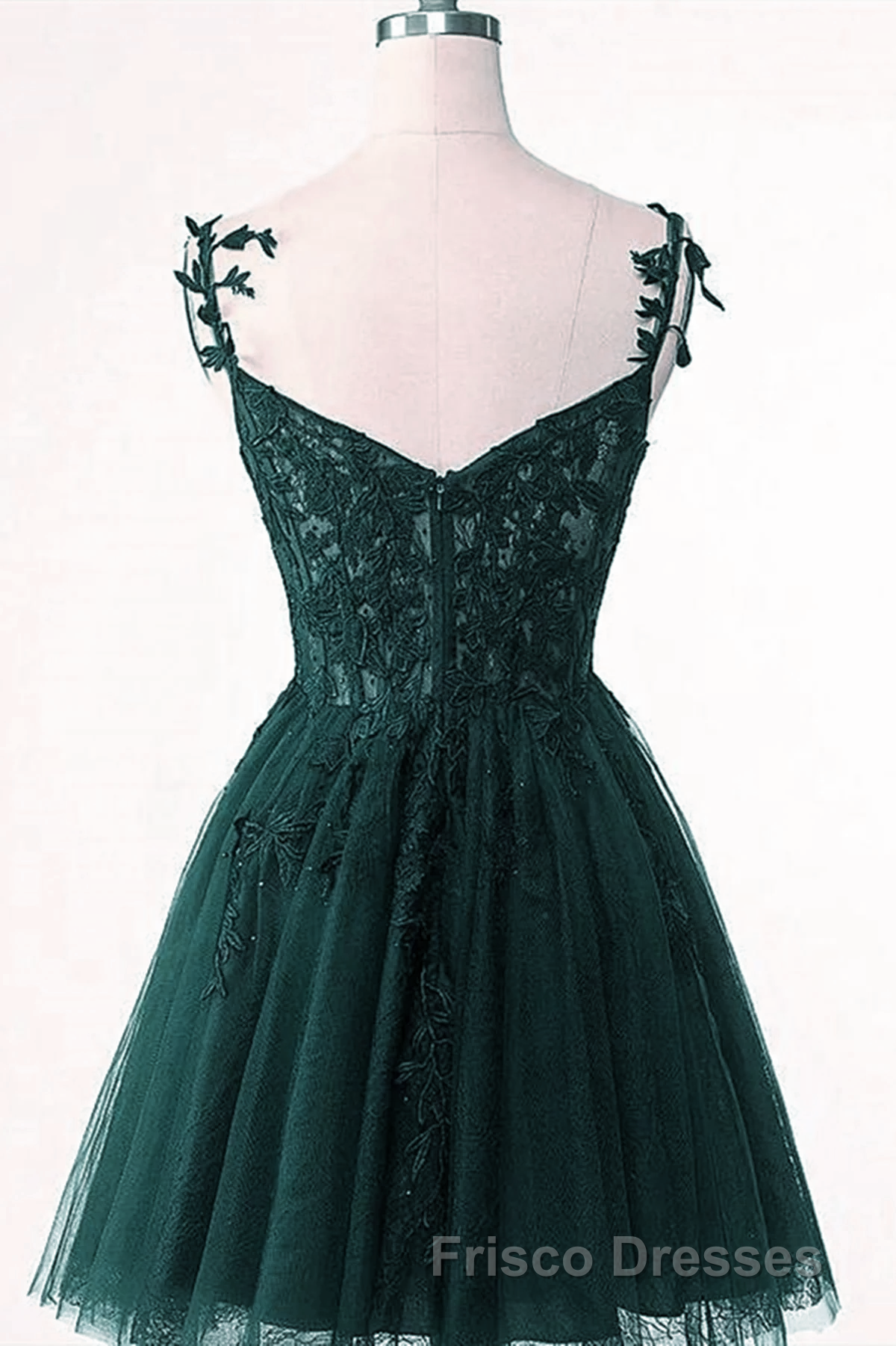 V-Neckline Dark Green Tulle With Lace Short Homecoming Dress, Green Short Formal Prom Dress Secondary image
