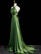 Green Soft Satin Halter Long Evening Dress Party Dress, Green A-line Formal Prom Dress