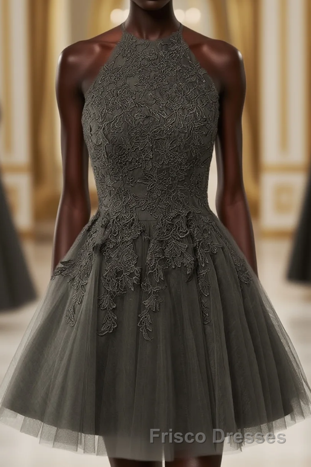 Black Halter Tulle With Lace Short Party Dress, Black Tulle Homecoming Dress Main image