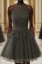 Black Halter Tulle With Lace Short Party Dress, Black Tulle Homecoming Dress
