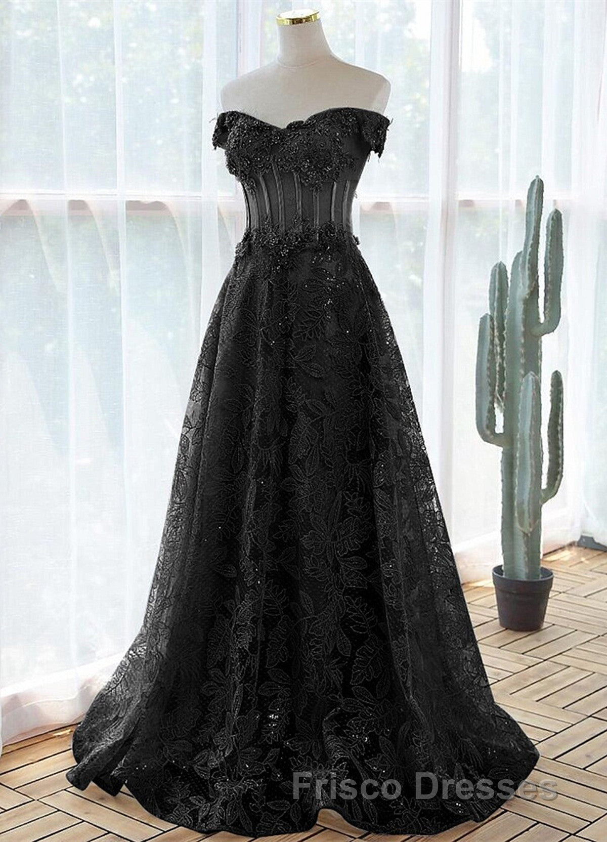 A-Line Off Shoulder Black Tulle With Lace Party Dress, Black Long Formal Prom Dress