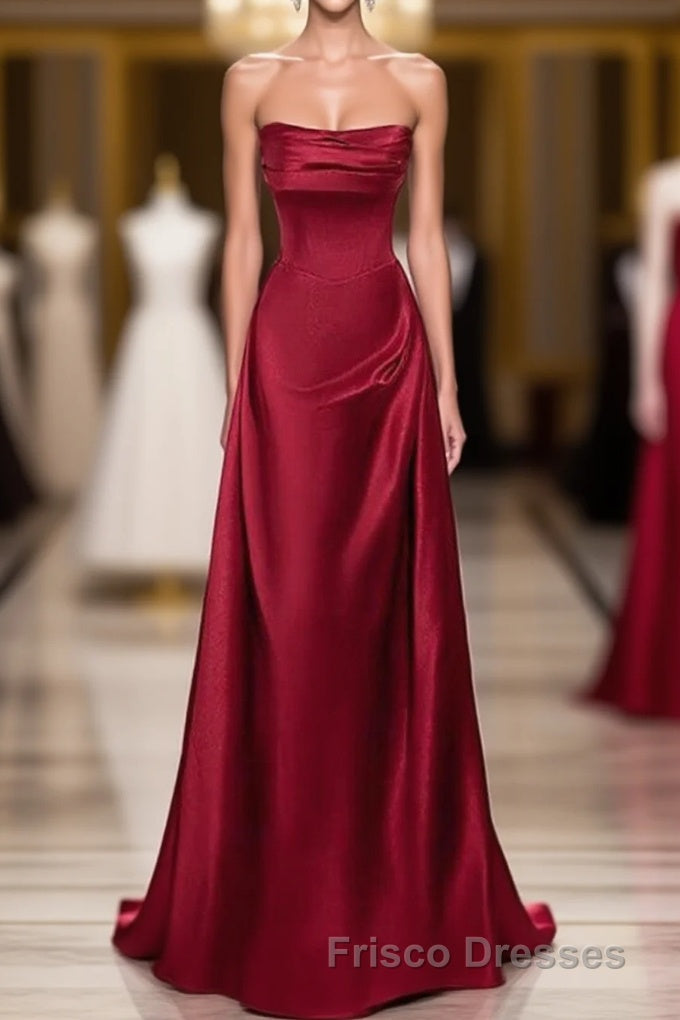 A-Line Sleeveless Wine Red Satin Evening Dress, Wine Red Long Formal Prom Dress Main image