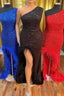One-Shoulder Sequin Feather Long Formal Prom Dress with Slit