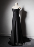 Black Soft Satin A-Line Floor Length Formal Prom Dress, Black Straps Long Evening Dress