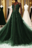 Green A-Line Tulle With Lace Low Back Formal Prom Dress, Green Tulle Evening Dress Party Dress