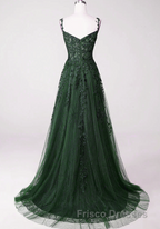 Dark Green Tulle With Lace Beaded Straps Formal Prom Dress, Green Long Formal Prom Dress Party Dress