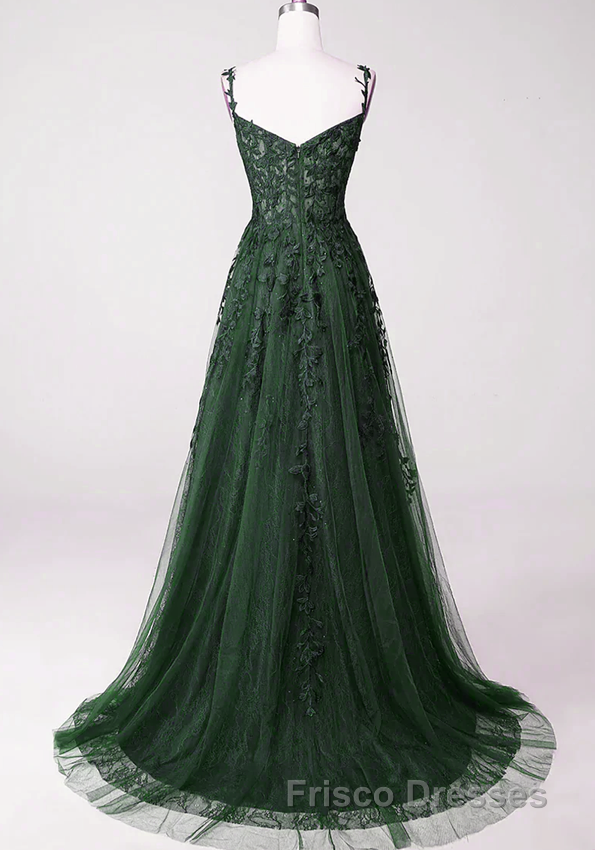 Dark Green Tulle With Lace Beaded Straps Formal Prom Dress, Green Long Formal Prom Dress Party Dress