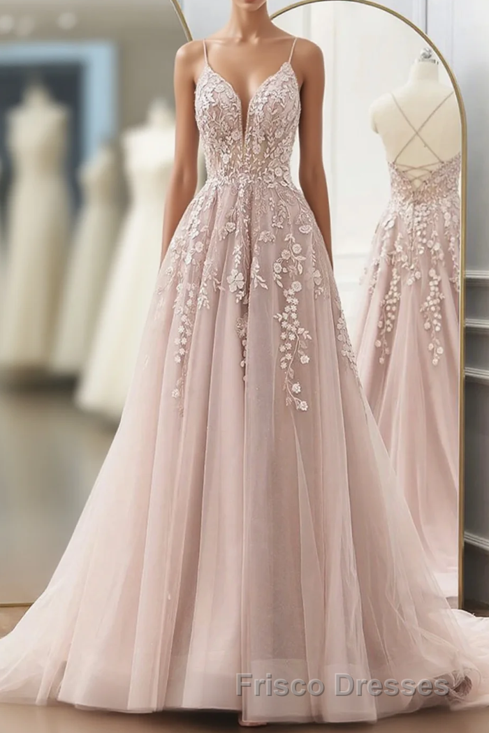 Pink Tulle With Lace Straps Long Party Dress, Pink Tulle Formal Prom Dress Evening Dress Main image