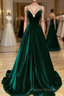 Green V-Neckline Straps Lace-Up A-Line Formal Prom Dress, Green Velvet Long Formal Prom Dress