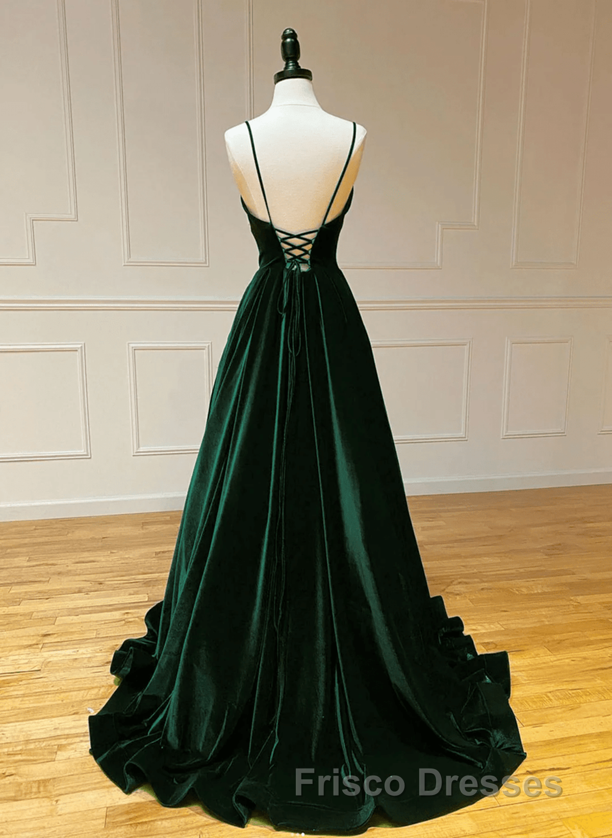 Green V-Neckline Straps Lace-Up A-Line Formal Prom Dress, Green Velvet Long Formal Prom Dress Secondary image