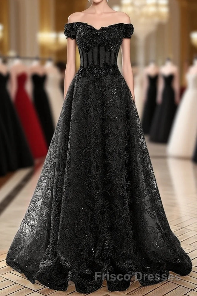 A-Line Off Shoulder Black Tulle With Lace Party Dress, Black Long Formal Prom Dress Main image