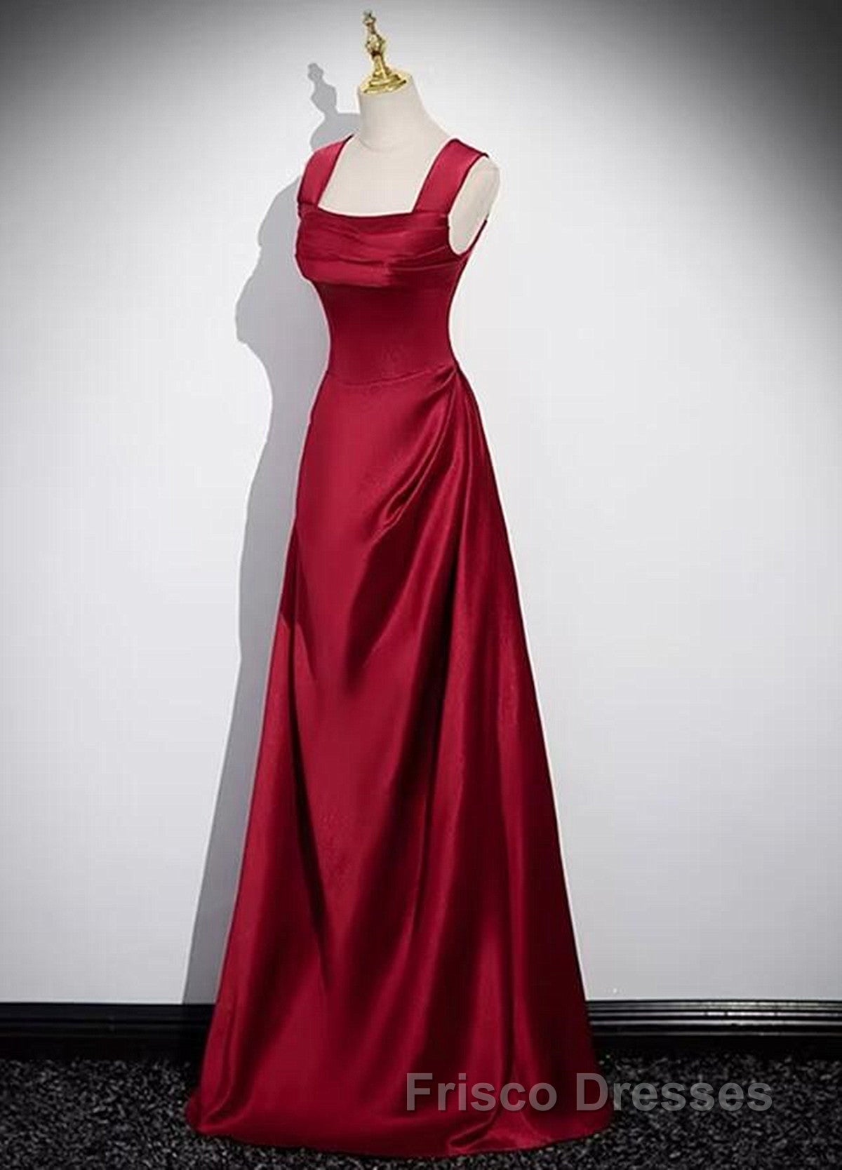 A-Line Sleeveless Wine Red Satin Evening Dress, Wine Red Long Formal Prom Dress