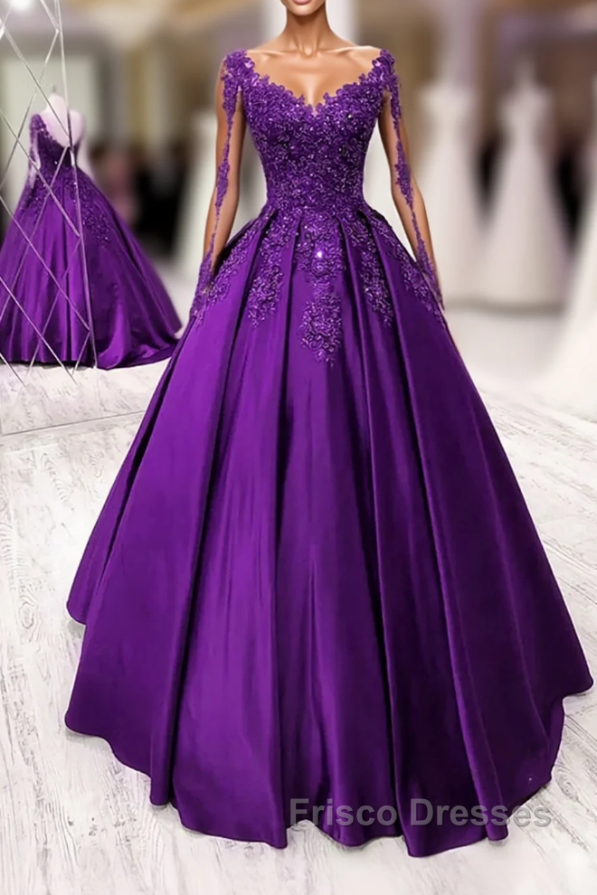 Purple Satin Long Sleeves Formal Prom Dress Formal Dress, Lace Applique Sweet 16 Dress Main image