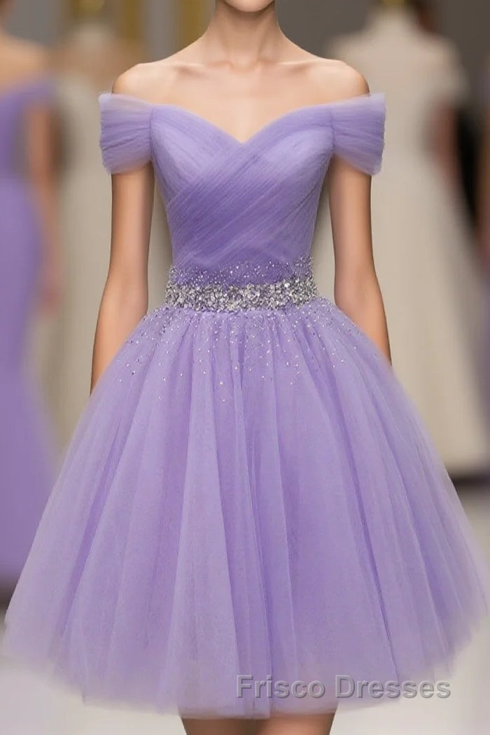 Purple Off Shoulder Tulle Sequin Formal Prom Dress, Purple Homecoming Dress Main image