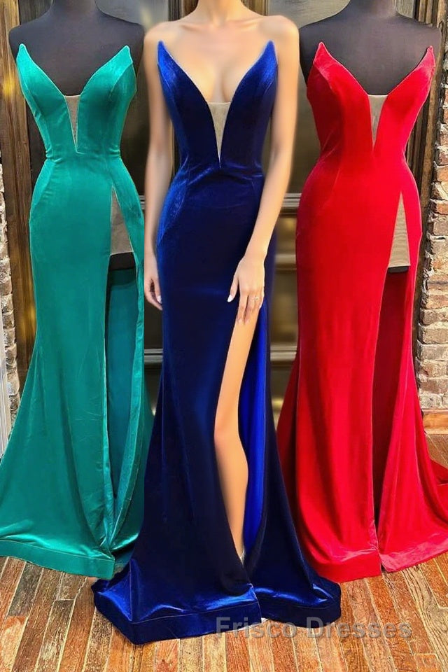 Red Velvet Strapless Mermaid Long Formal Prom Dress with Slit Main image