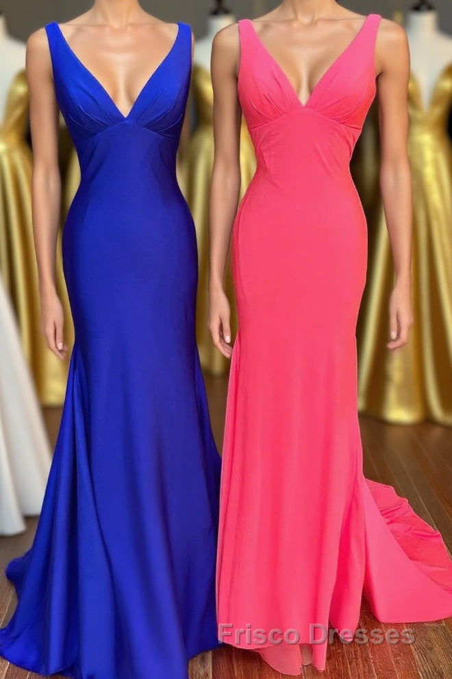Royal Blue V-Neck Open Back Mermaid Long Formal Prom Dress