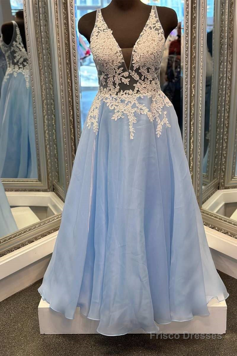 Light Blue Floral Lace V-Back A-Line Long Prom Dress Main image
