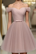 Simple V Neck Tulle Off Shoulder Short Formal Prom Dress, Pink Homecoming Dress