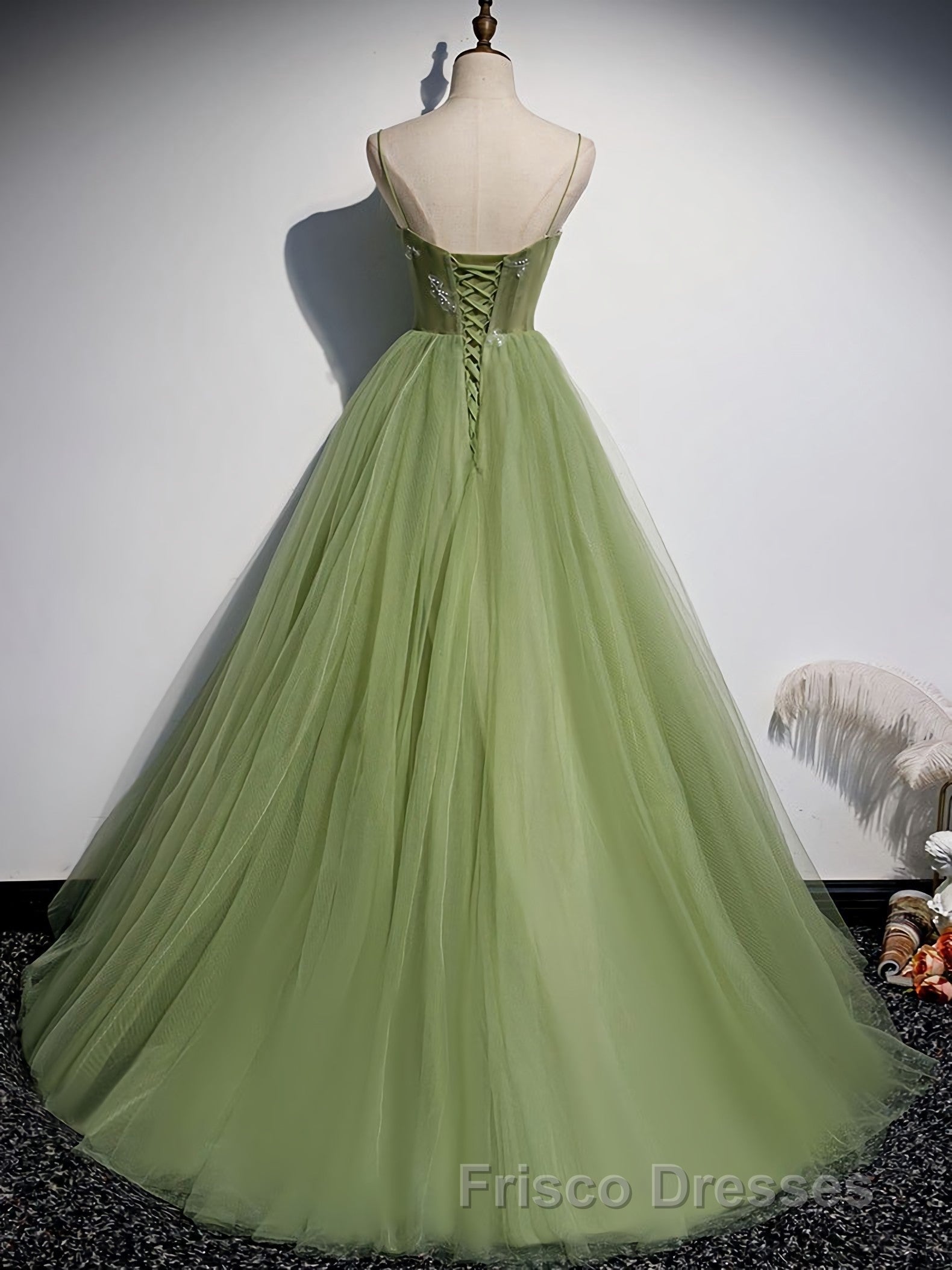 Green Tulle Long Formal Prom Dress, Green Tulle Formal Prom Dress Secondary image