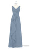 Dusty Blue V-Neck Banded Waist Ruffled Long Bridesmaid Dress