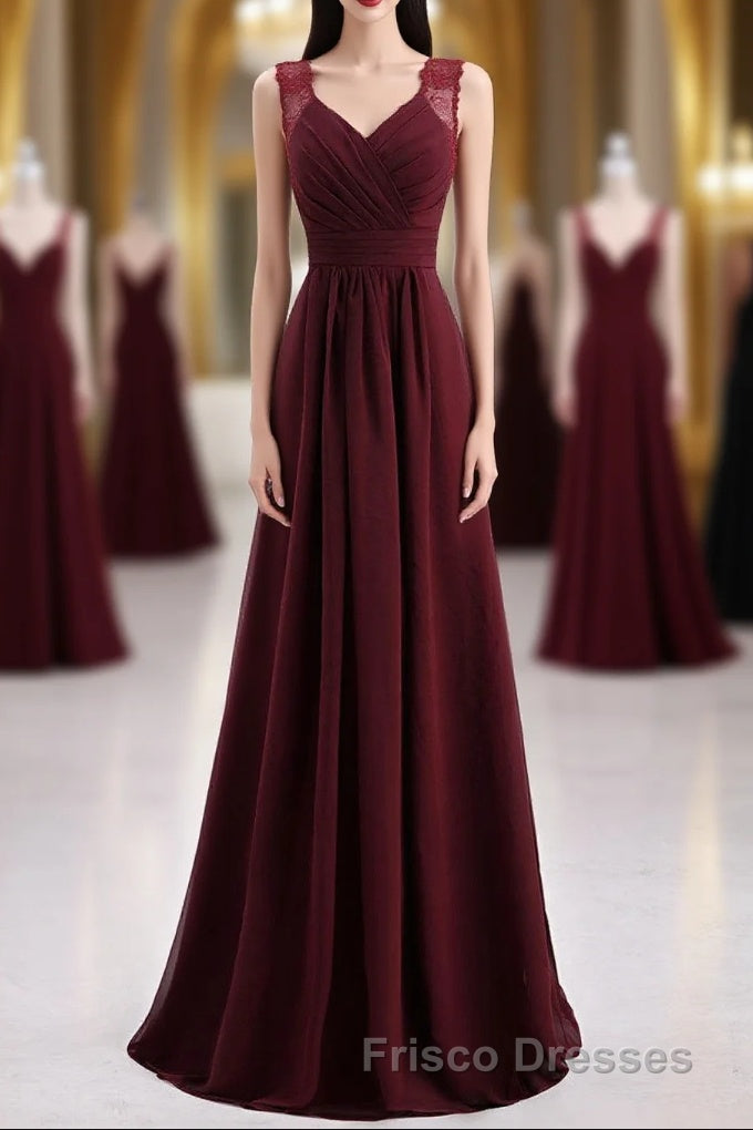 Burgundy Chiffon A-line Pleated Long Bridesmaid Dress