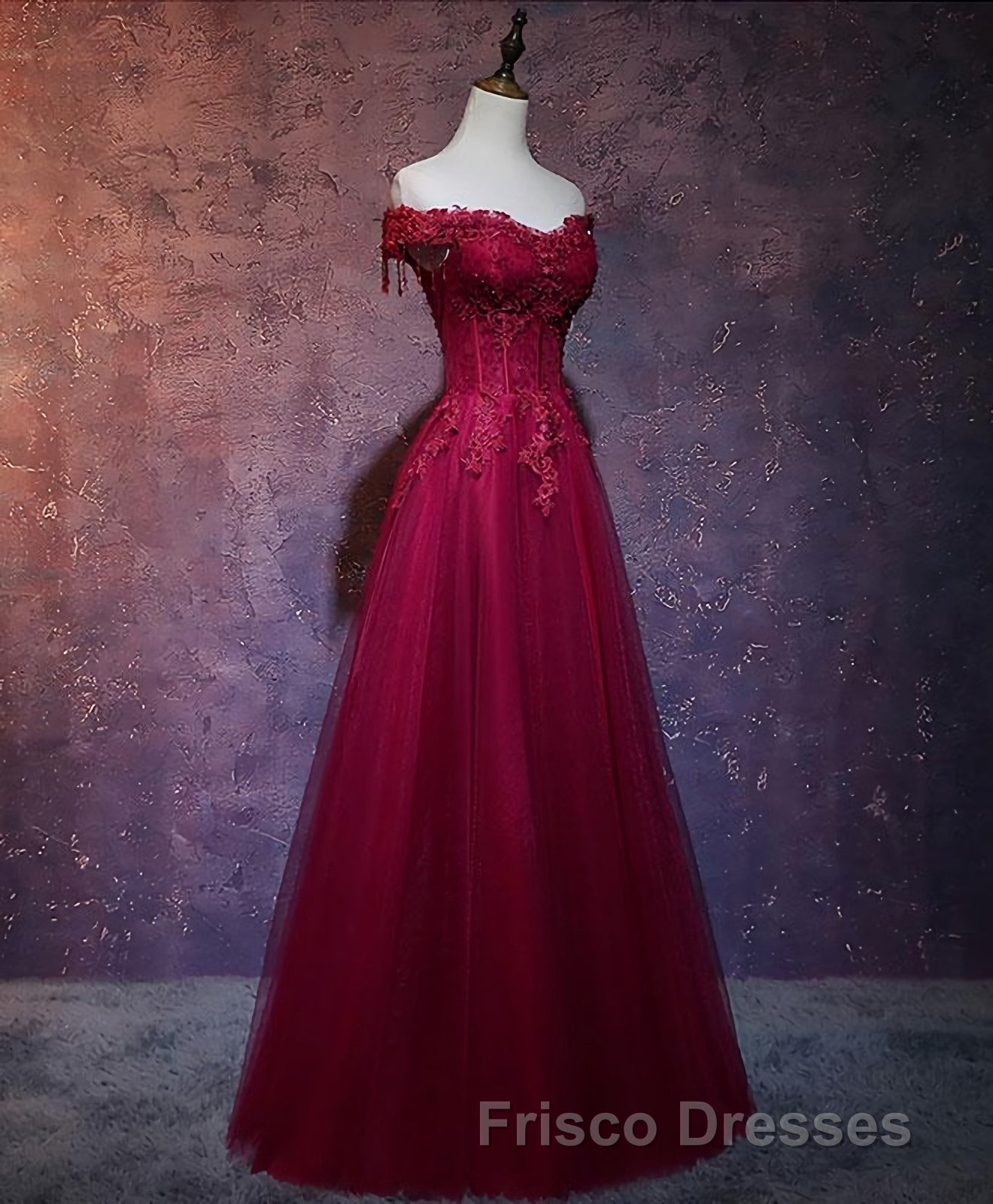 Burgundy Tulle Lace Off Shoulder Long Formal Prom Dress, Burgundy Lace Evening Dress Secondary image
