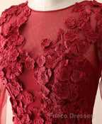 Burgundy Lace Satin Long Formal Prom Dress, Burgundy Lace Evening Dress