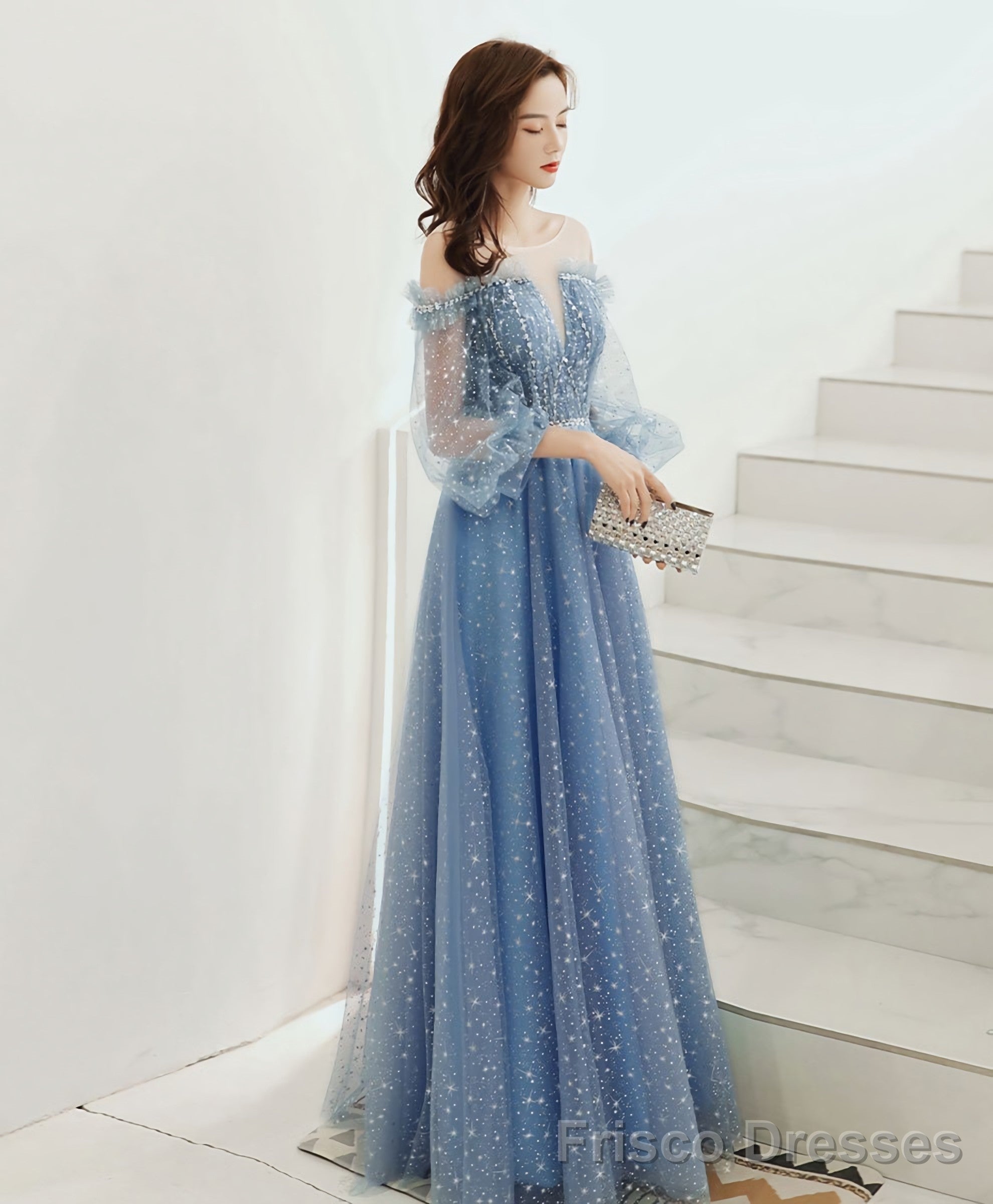 Blue Round Neck Tulle Sequin Long Prom Dress Tulle Evening Dress Main image