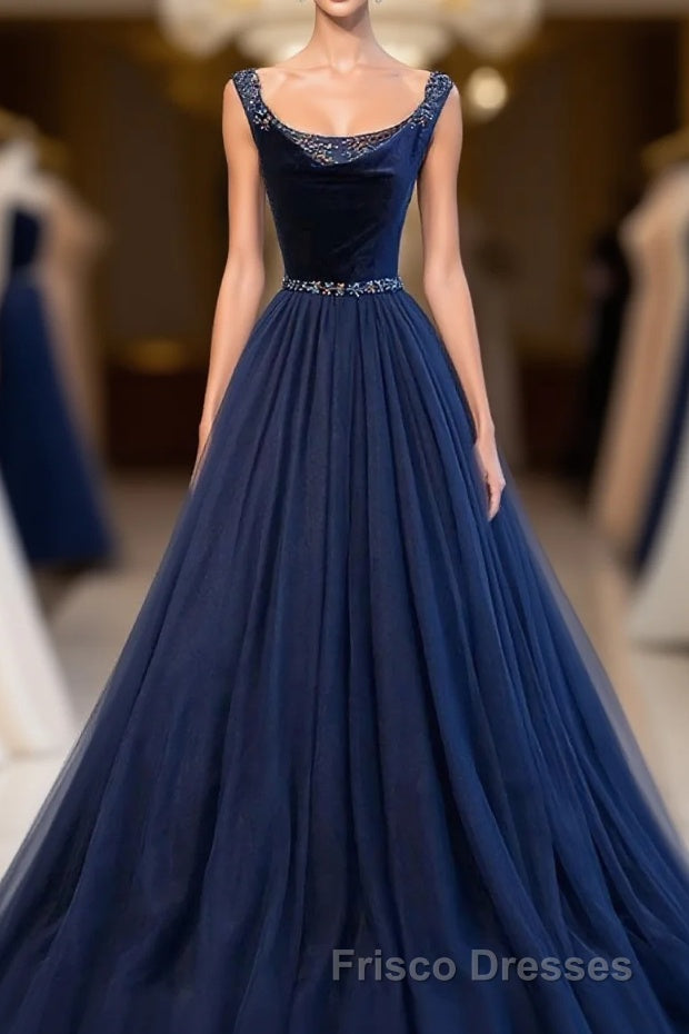 Dark Blue Tulle Long Formal Prom Dress, Dark Blue Tulle Evening Dress Main image