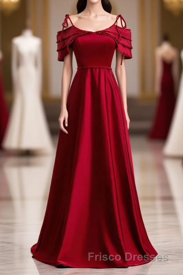 Burgundy Satin Beads Long Formal Prom Dress, Burgundy Evening Dress Main image