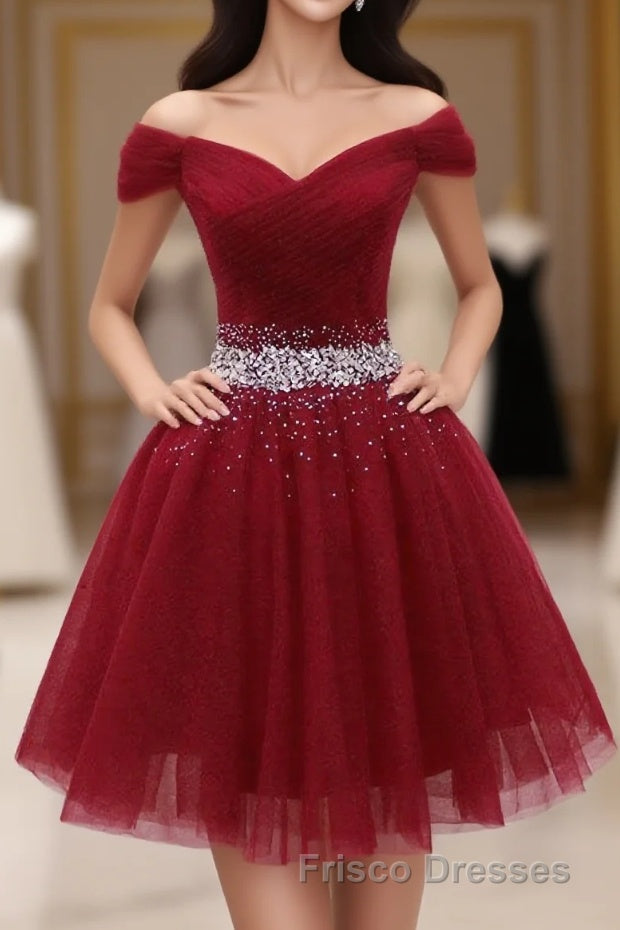 Burgundy Tulle Sequin Short Formal Prom Dress, Burgundy Homecoming Dress, 1 Main image