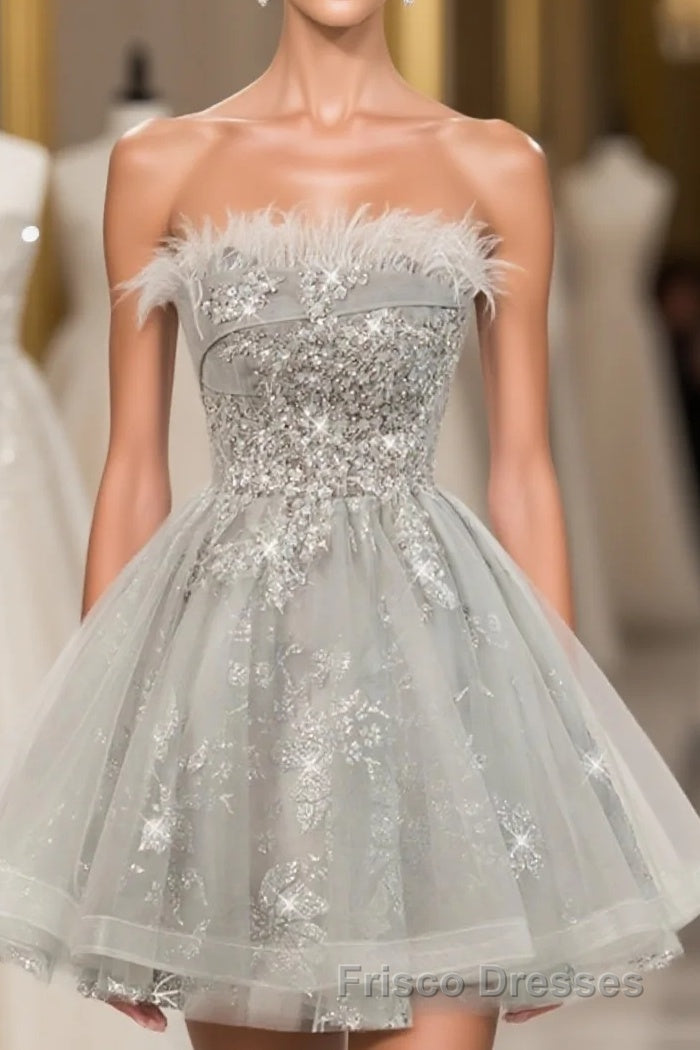 Gray Sweetheart Lace Tulle Short Formal Prom Dress, Gray Cocktail Dress