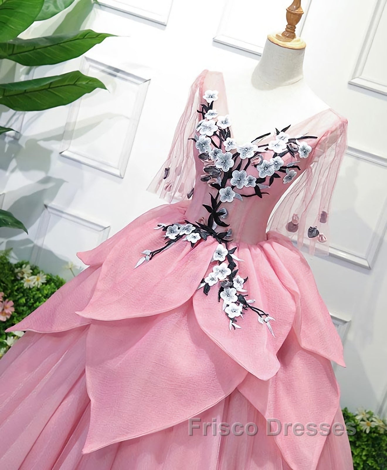 Pink V Neck Tulle Lace Applique Long Formal Prom Dress, Pink Evening Dress, 1