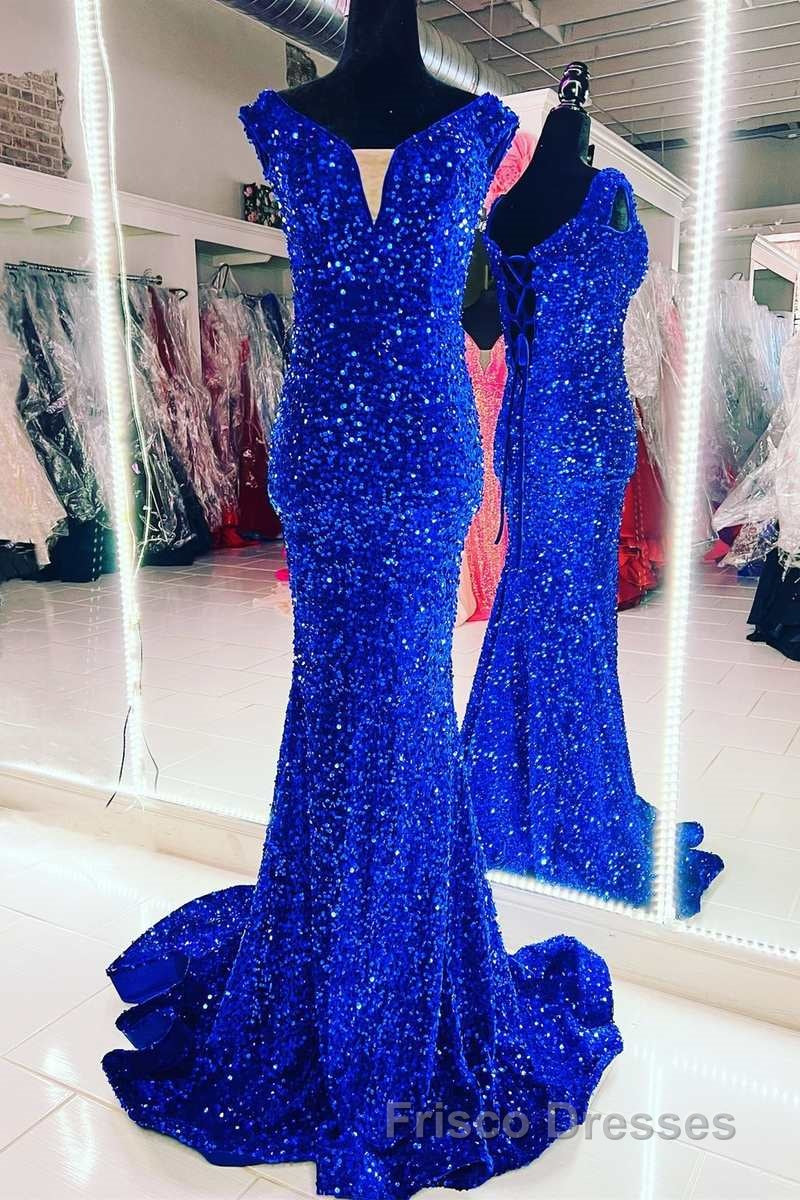 Blue Sequin V-Neck Lace-Up Mermaid Long Formal Prom Dress