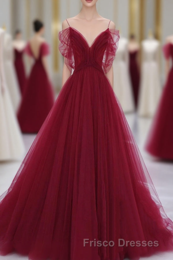 Wine Red Tulle V-Neckline Off Shoulder With Bow, Wine Red Tulle Long Formal Prom Dress