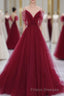 Wine Red Tulle V-Neckline Off Shoulder With Bow, Wine Red Tulle Long Formal Prom Dress