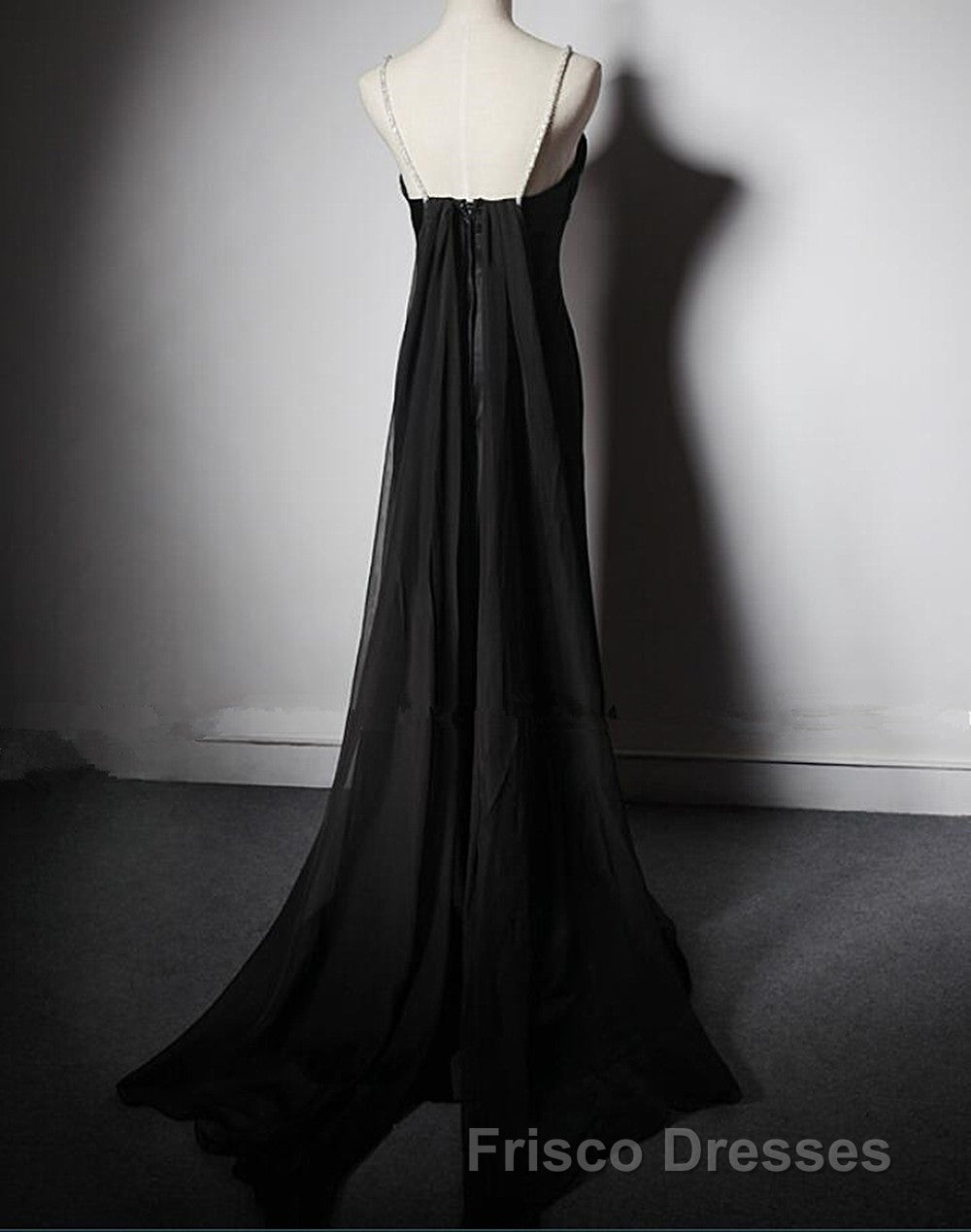 Black Soft Satin A-Line Floor Length Formal Prom Dress, Black Straps Long Evening Dress