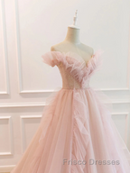 Pink Tulle Off The Shoulder A-Line Tulle Ruffles Floor-Length Formal Prom Dress, Pink Long Party Dress