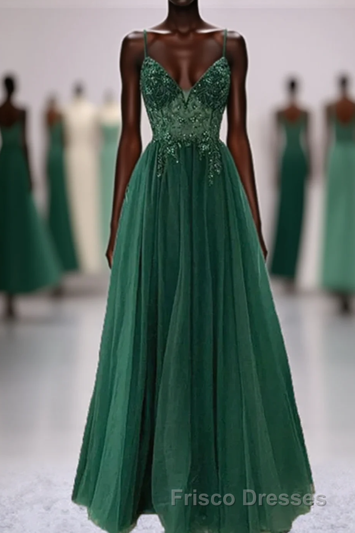 Green V-Neckline Beaded Tulle Floor Length Party Dress, A-Line Green Formal Prom Dress Main image