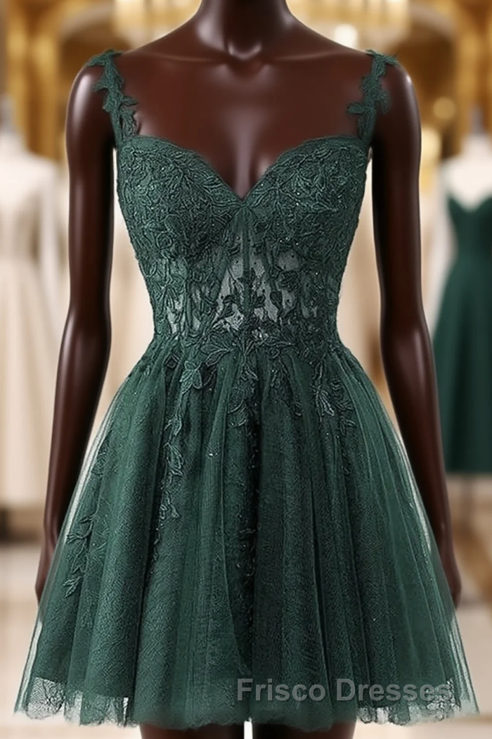 V-Neckline Dark Green Tulle With Lace Short Homecoming Dress, Green Short Formal Prom Dress Main image