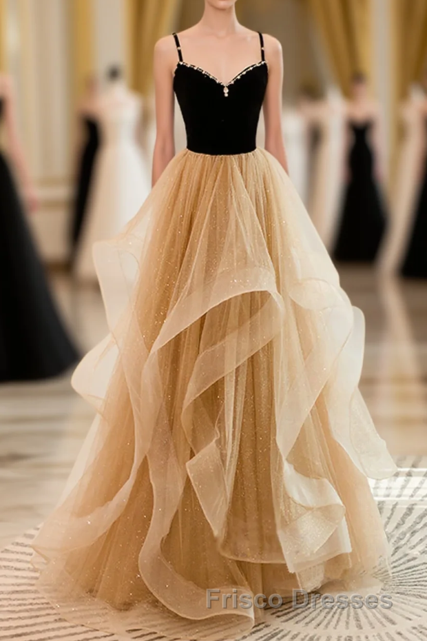 A-Line Champagne Tulle Sweetheart Beaded Long Formal Prom Dress, Tulle Layers Party Dress Main image