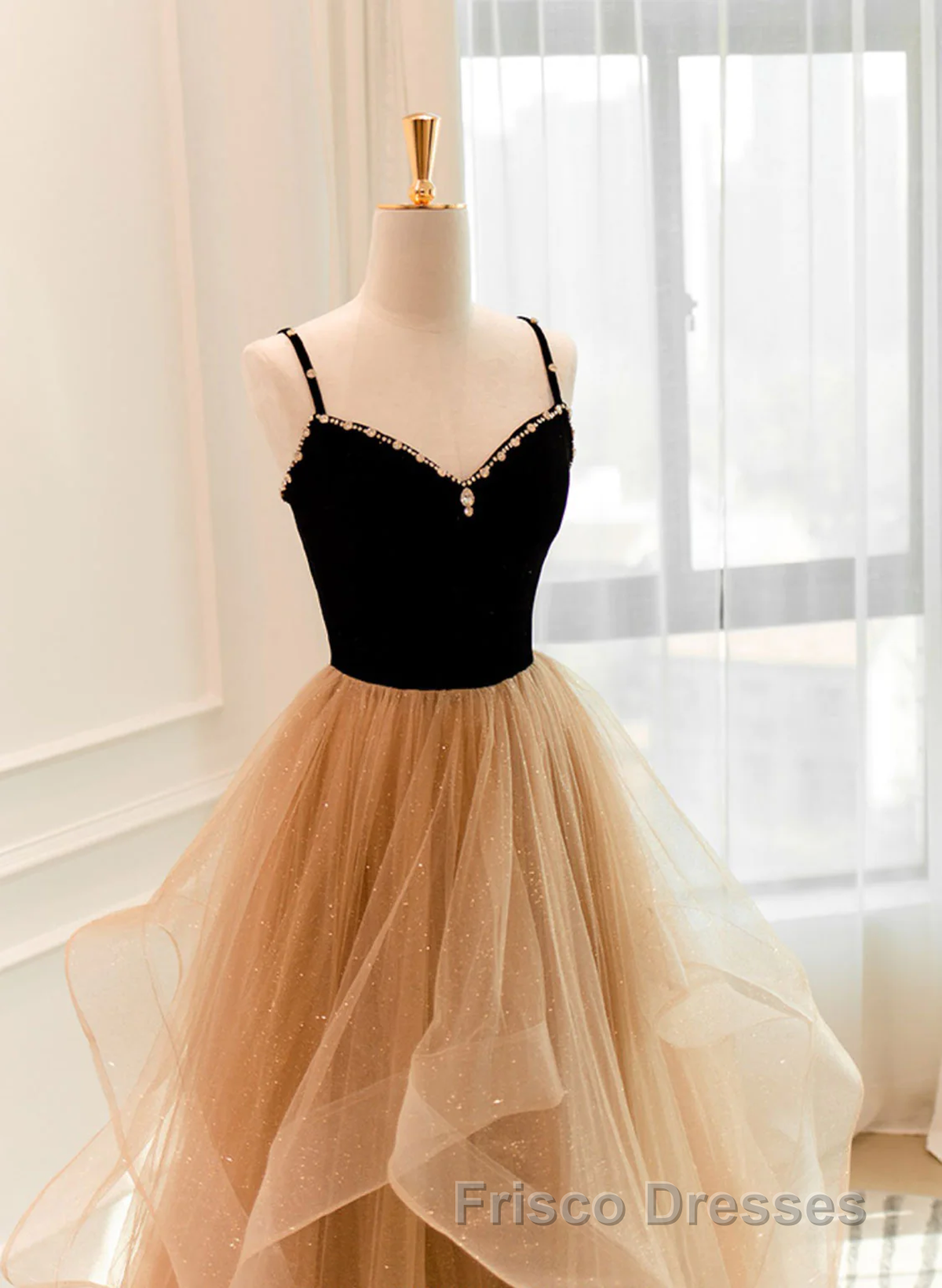 A-Line Champagne Tulle Sweetheart Beaded Long Formal Prom Dress, Tulle Layers Party Dress